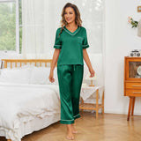Women Short Sleeve Silk Pajama Sets 100% V Neck Silk Pjs