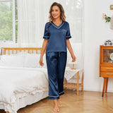 Women Short Sleeve Silk Pajama Sets 100% V Neck Silk Pjs