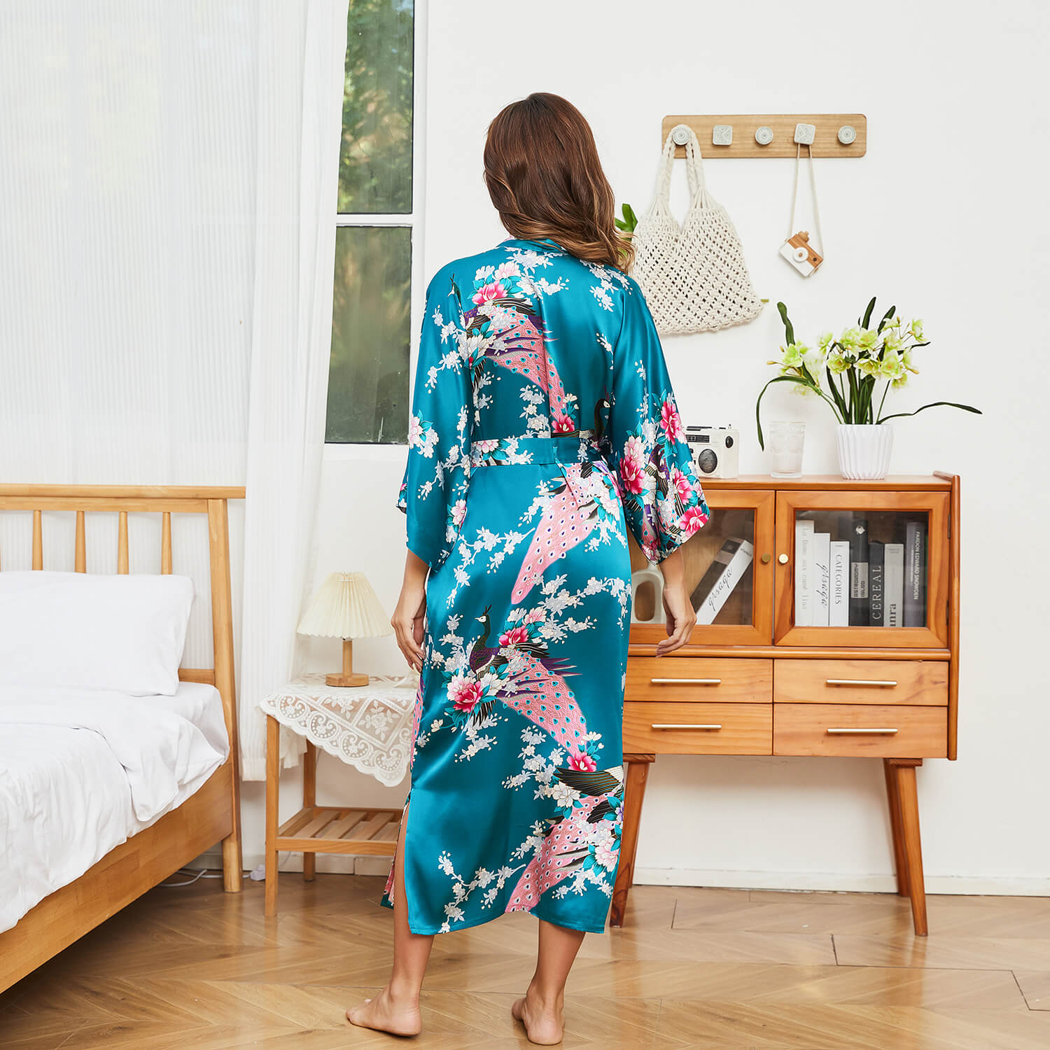 Women Silk Kimono Hand Painted Peacock & Flowers Nightwear