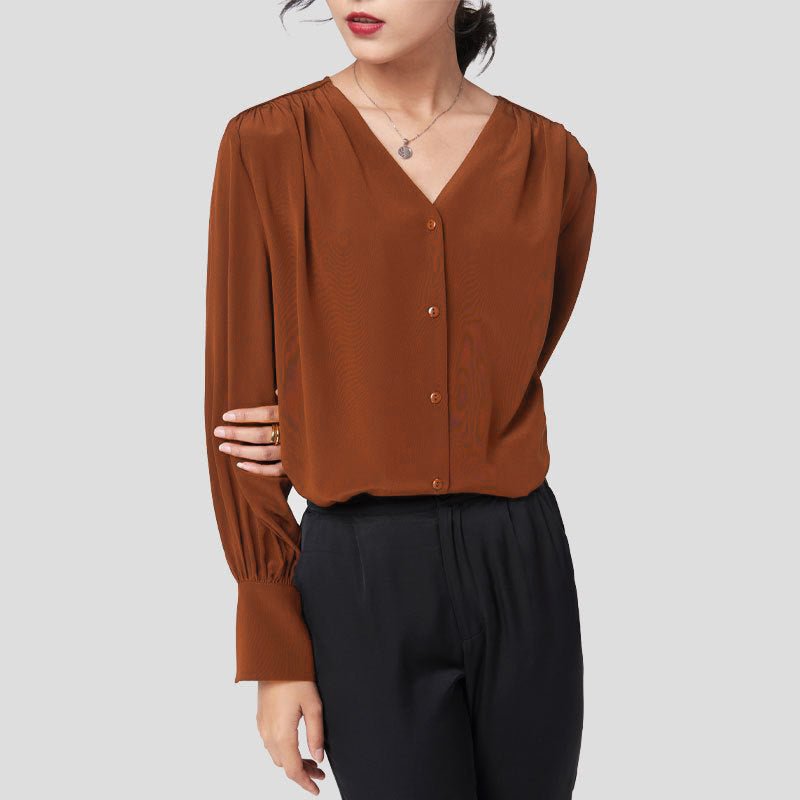 Women Silk Shirt 100% Mulberry Long Sleeves V Neck Work Silk Blouse
