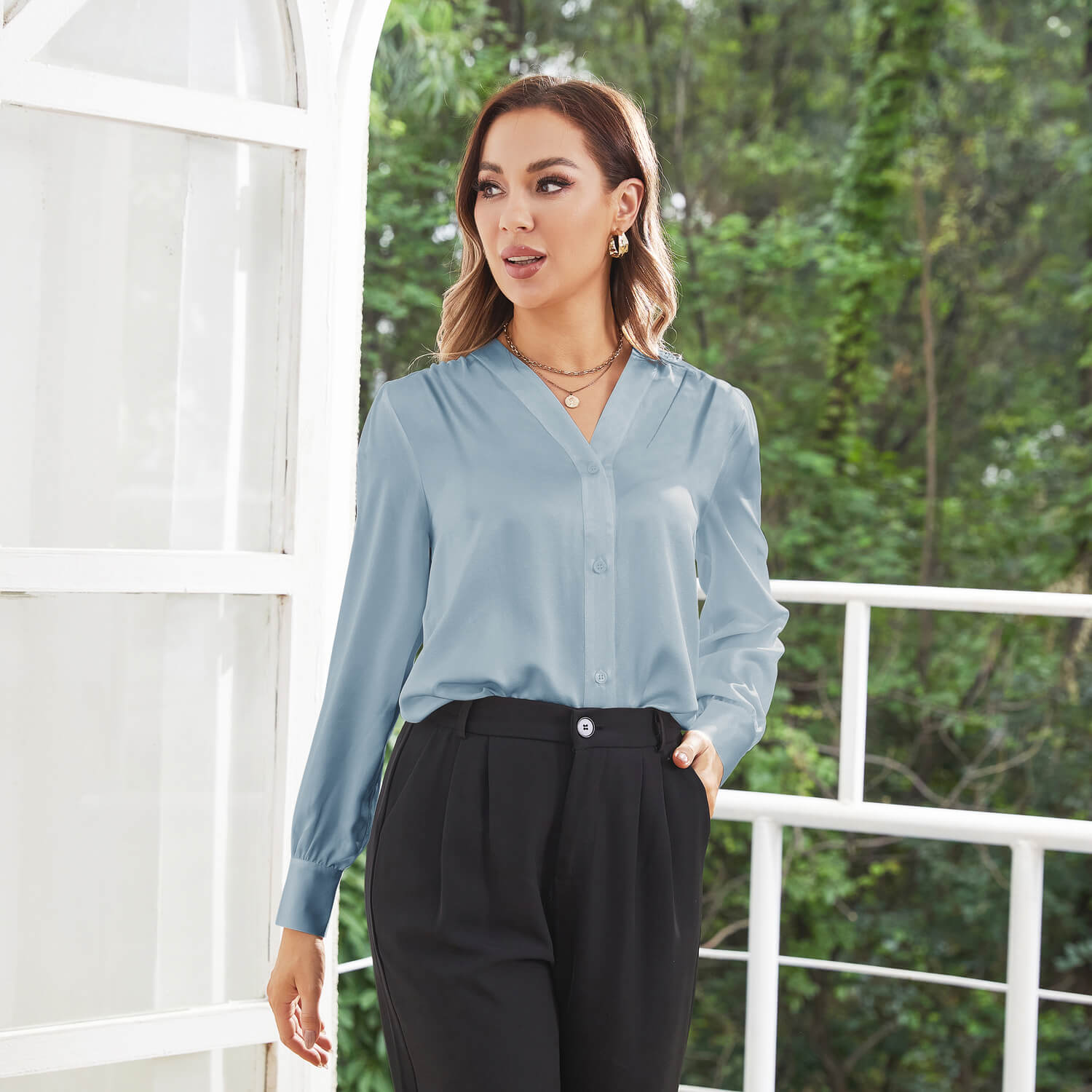 Women V Neck Silk Blouse Long Sleeves Office Work Silk Shirts