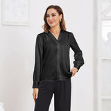 Women V Neck Silk Blouse Long Sleeves Office Work Silk Shirts