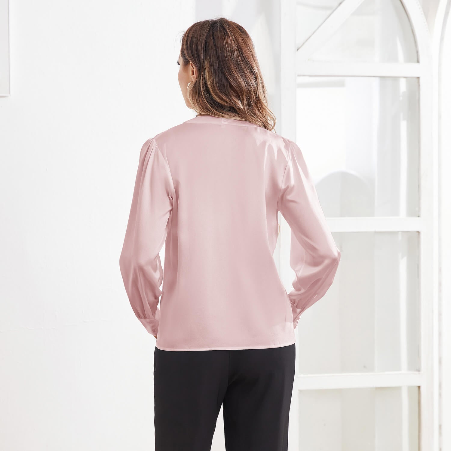 Women V Neck Silk Blouse Long Sleeves Office Work Silk Shirts