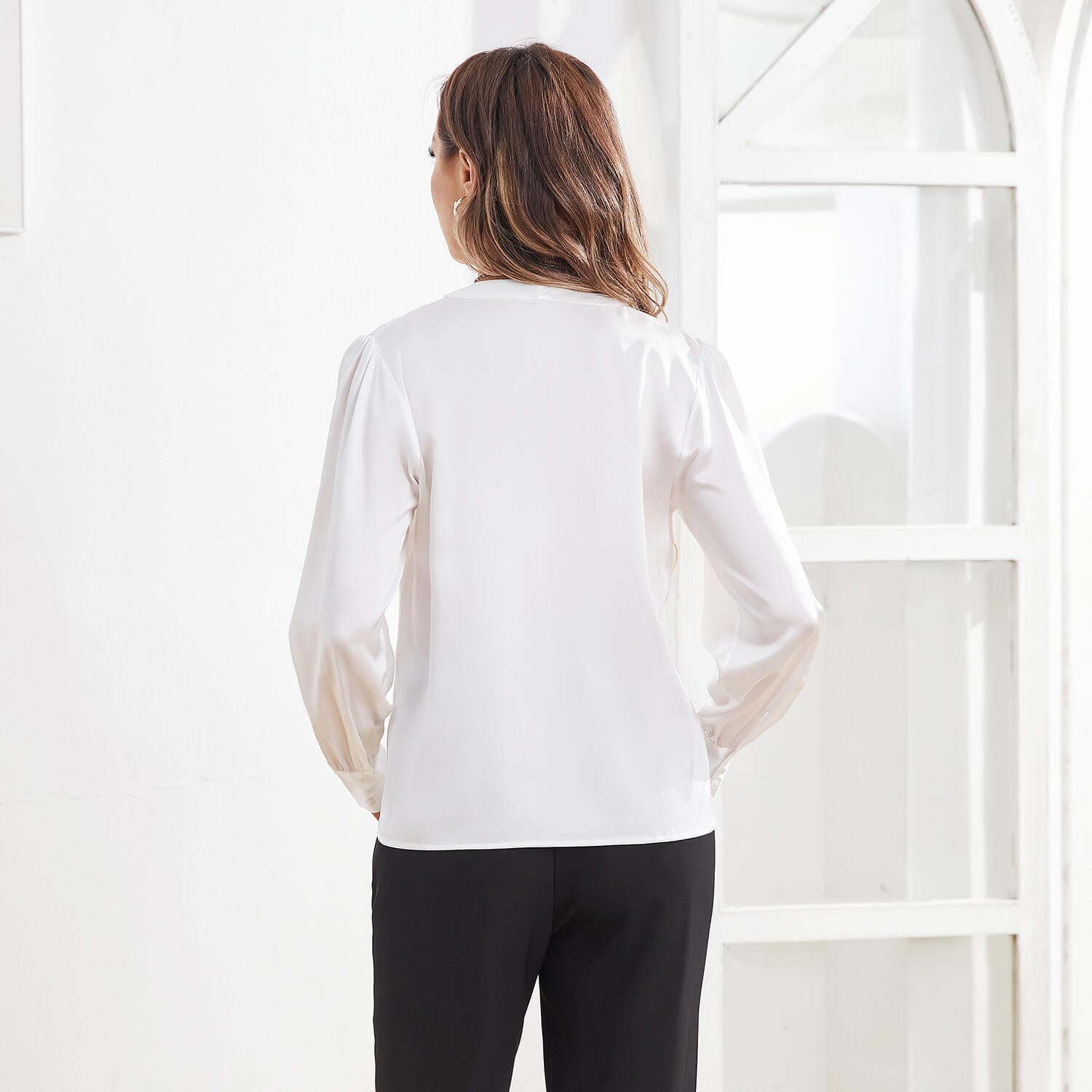 Women V Neck Silk Blouse Long Sleeves Office Work Silk Shirts