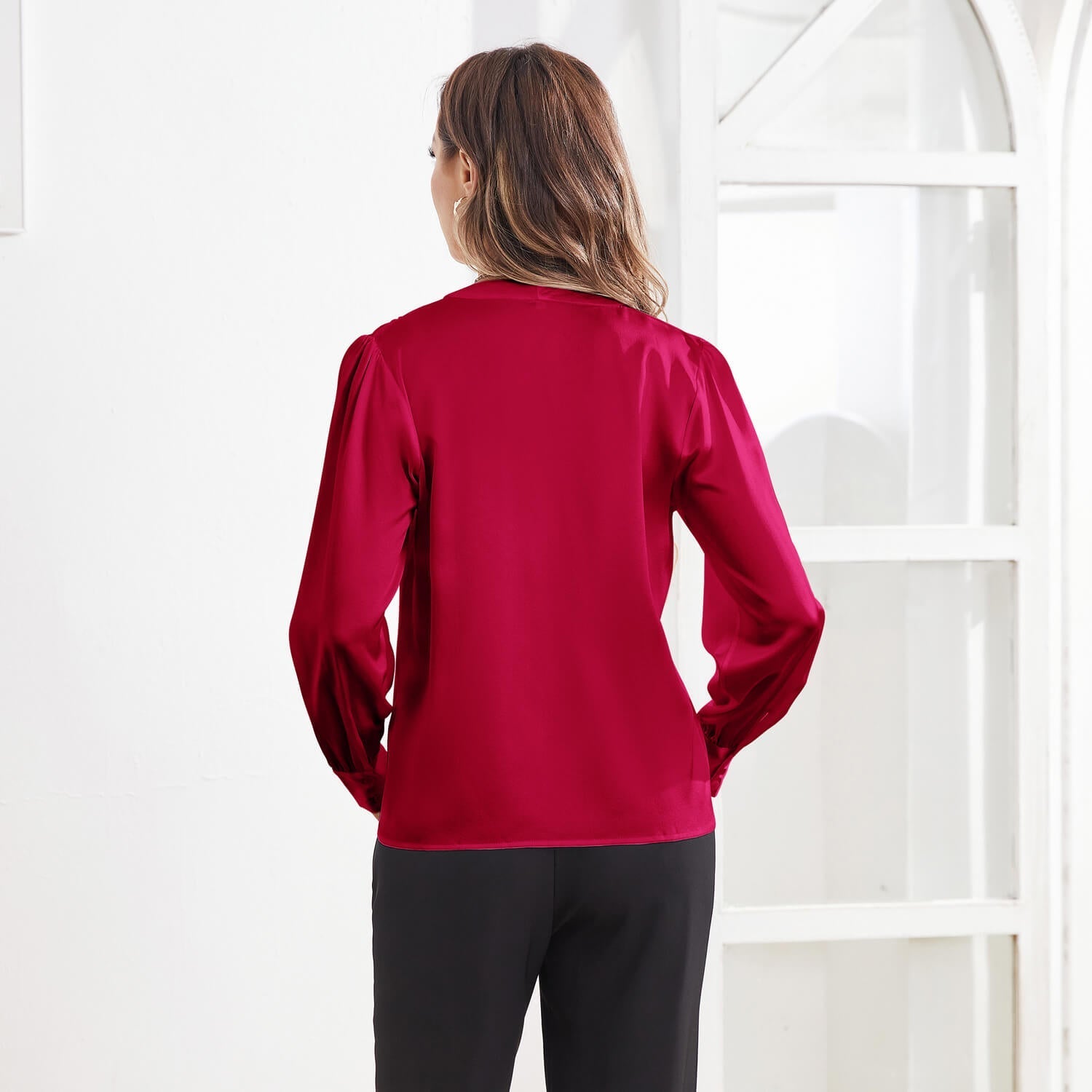 Women V Neck Silk Blouse Long Sleeves Office Work Silk Shirts