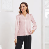 Women V Neck Silk Blouse Long Sleeves Office Work Silk Shirts