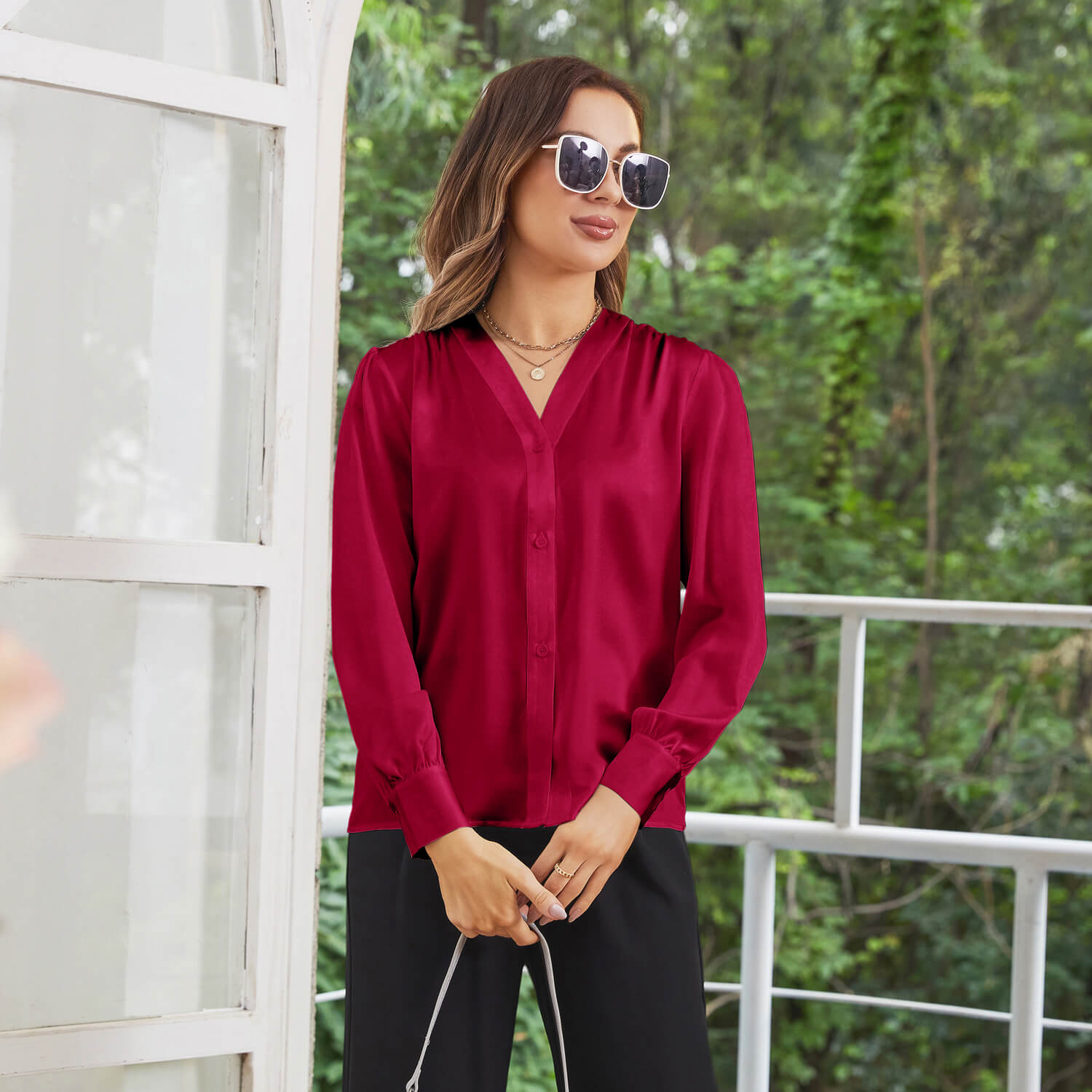 Women V Neck Silk Blouse Long Sleeves Office Work Silk Shirts