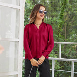 Women V Neck Silk Blouse Long Sleeves Office Work Silk Shirts