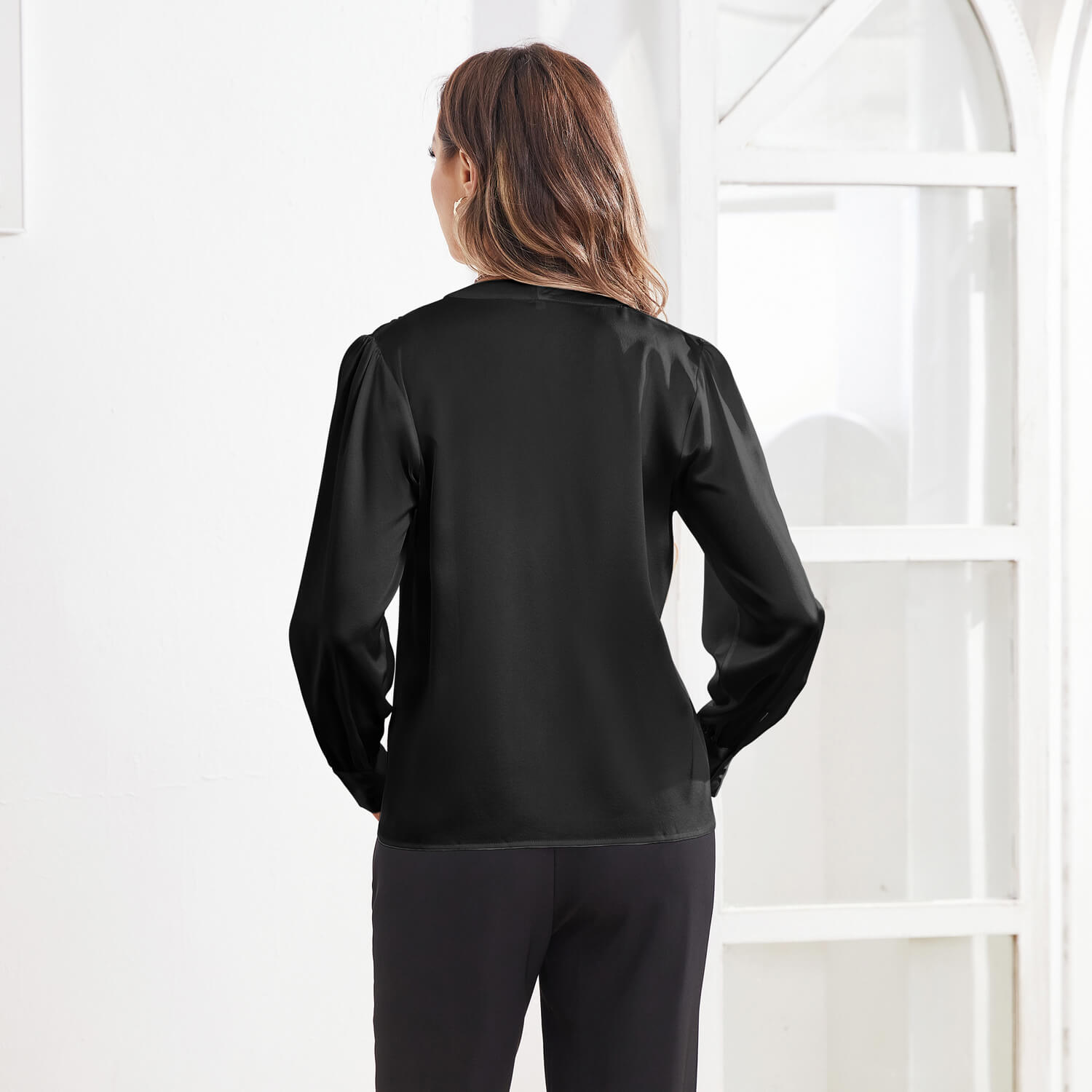 Women V Neck Silk Blouse Long Sleeves Office Work Silk Shirts