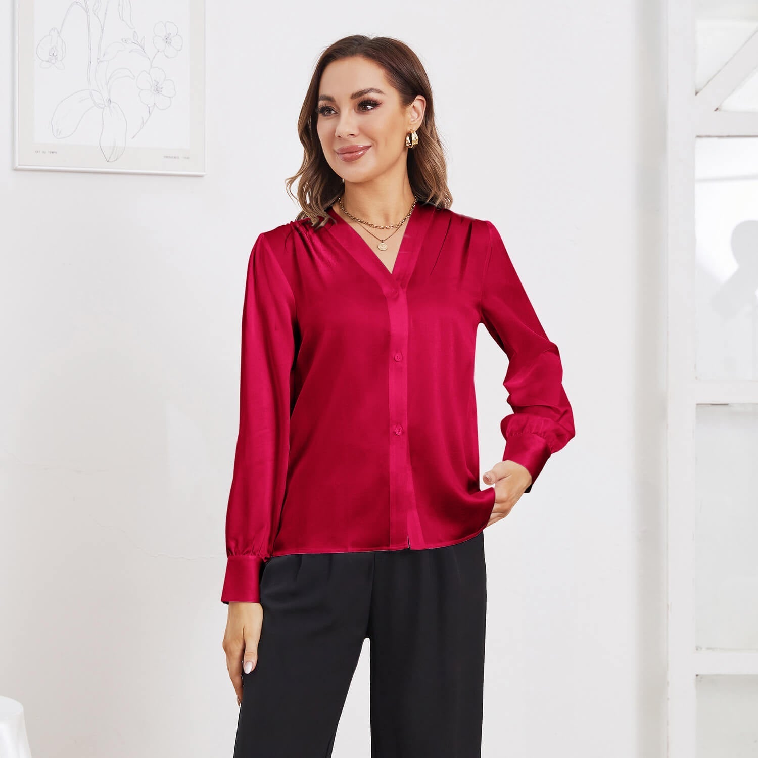 Women V Neck Silk Blouse Long Sleeves Office Work Silk Shirts