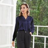 Women V Neck Silk Blouse Long Sleeves Office Work Silk Shirts