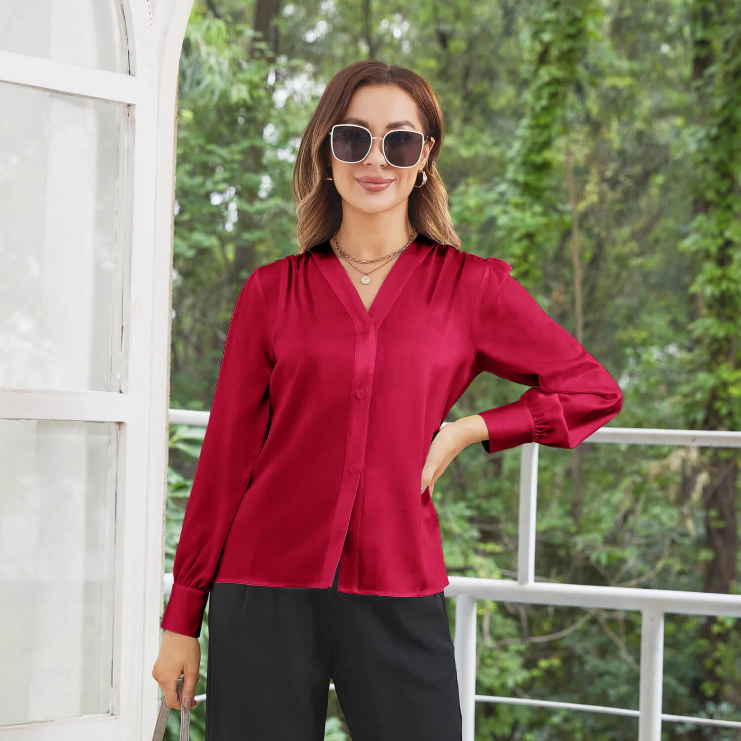Women V Neck Silk Blouse Long Sleeves Office Work Silk Shirts
