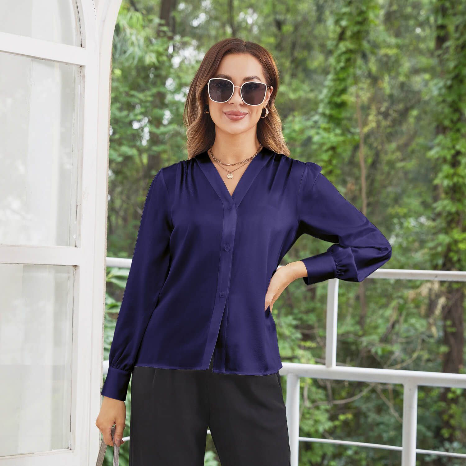 Women V Neck Silk Blouse Long Sleeves Office Work Silk Shirts