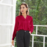 Women V Neck Silk Blouse Long Sleeves Office Work Silk Shirts