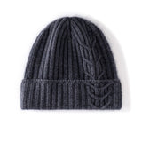 Womens 100% Cashmere Beanie Cable Knit Cashmere Hat Ribbed Fold Brim