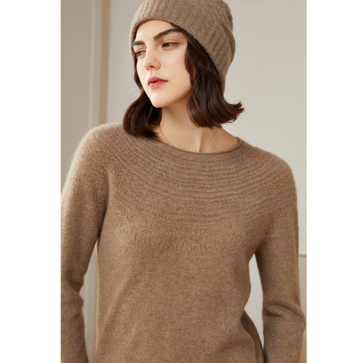 Womens Cashmere Pointelle Yoke Sweater Hollow - out Crewneck Sweater