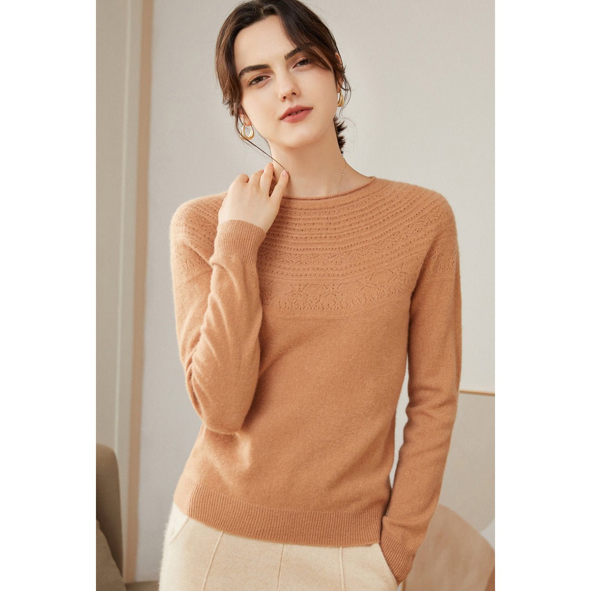 Womens Cashmere Pointelle Yoke Sweater Hollow - out Crewneck Sweater