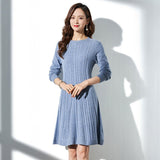 Womens Pure Cashmere Cable Knit A - Line Long Sleeve Crew Neck Dress