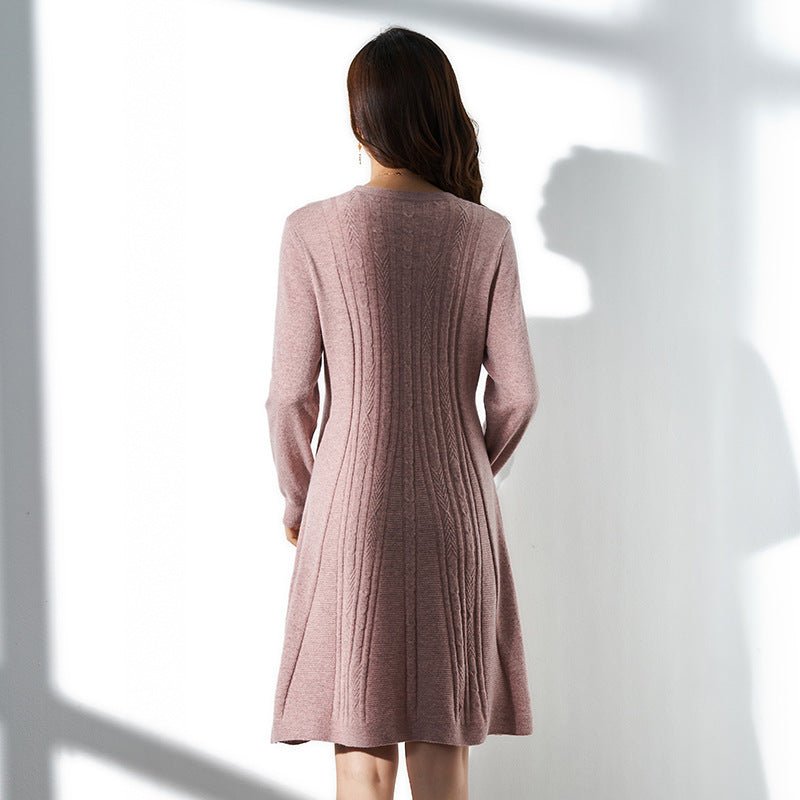 Womens Pure Cashmere Cable Knit A - Line Long Sleeve Crew Neck Dress