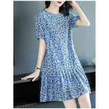 Womens Blue Floral Print Silk Mini Dress Ruffle Hem Short Silk Dress Blue XS