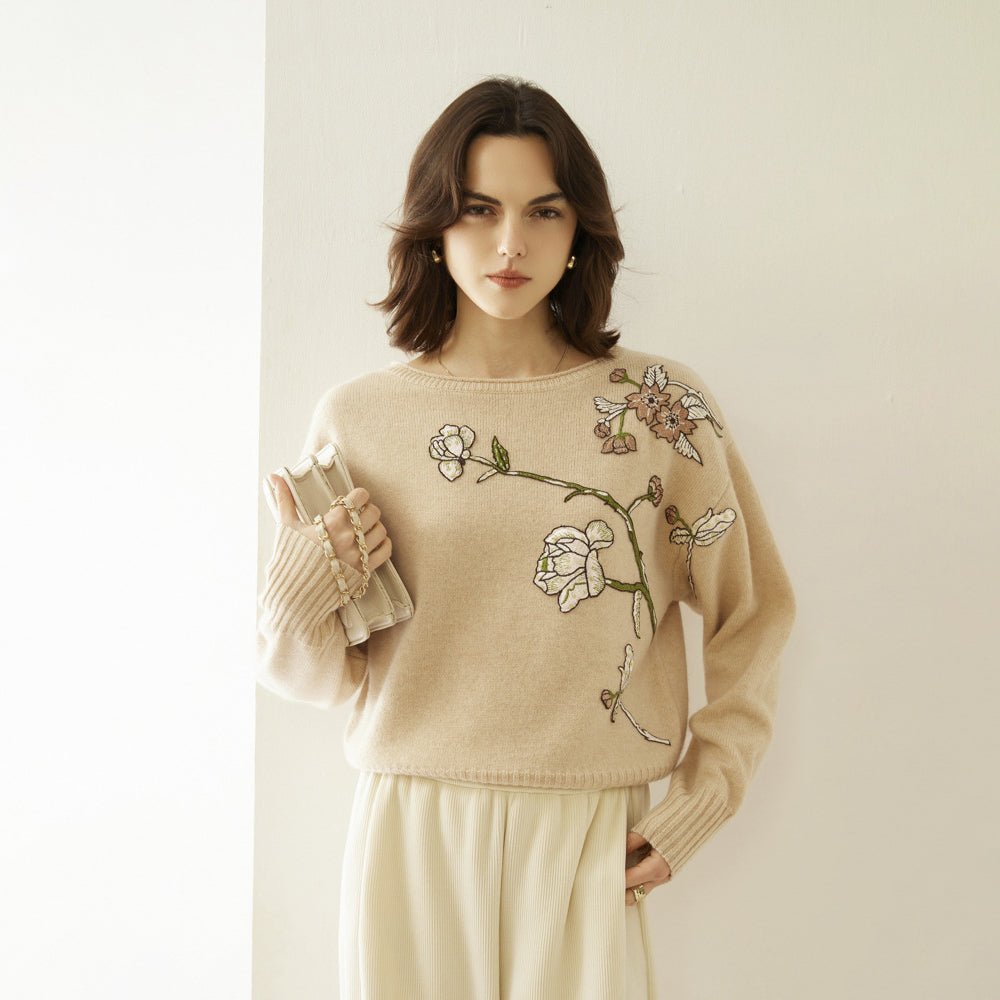 Womens Boat Neck Cashmere Sweater Embroidery Flowers Cashmere Pullover