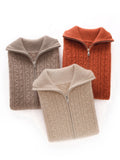 Womens Cable Knit Cashmere Cardigan Collared Full Zip Cashmere Sweater Jacket Taupe XS