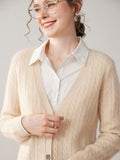 Womens Cable Knit Cashmere Cardigan Deep V Neck Cashmere Sweater Beige XS