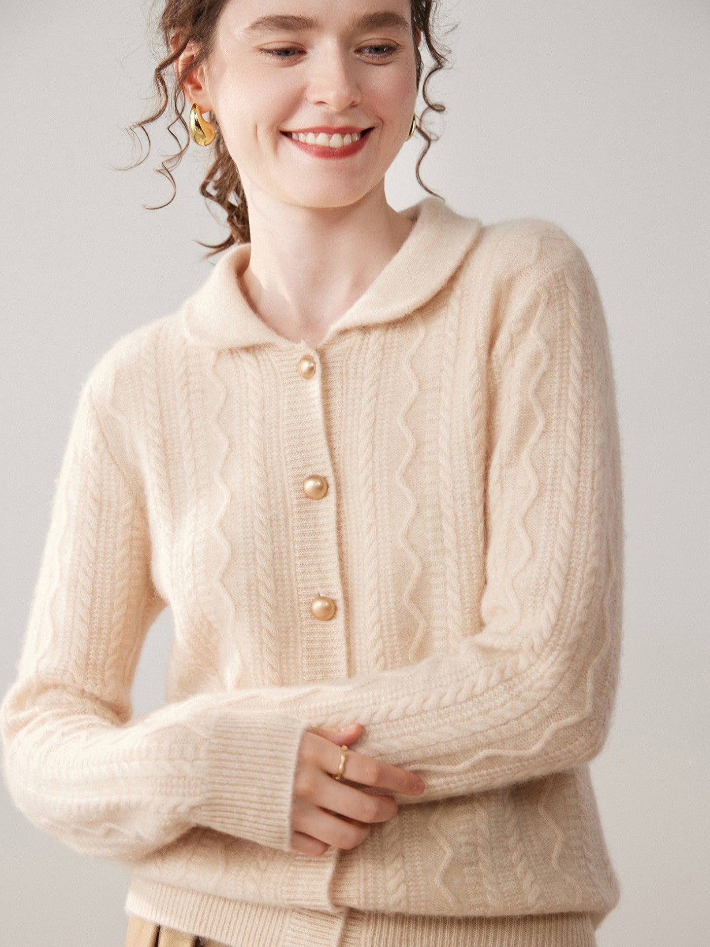 Womens Cable Knit Cashmere Cardigan Peter Pan Collar Cashmere Sweater Beige XS