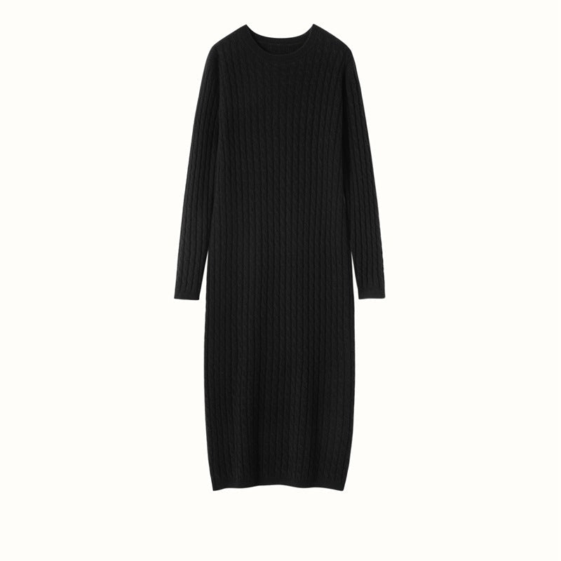 Womens Cable Knit Cashmere Dress Long Sleeve Cashmere Midi Dress Black XS