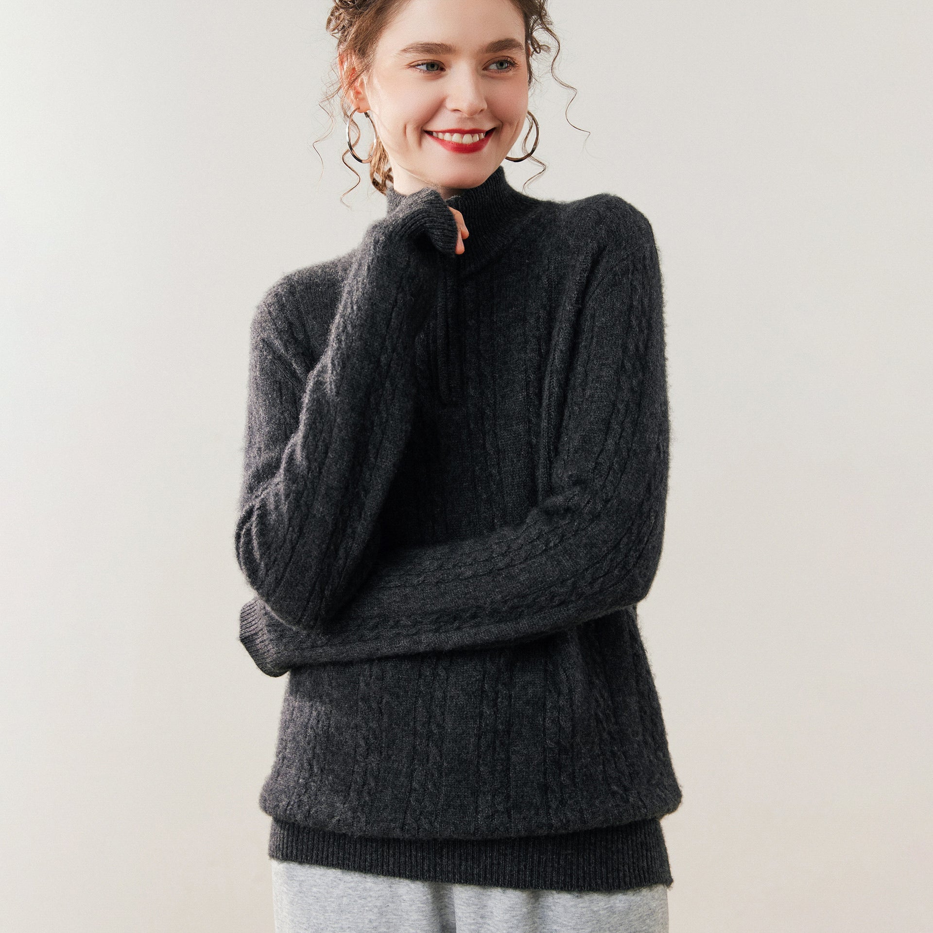 Womens Cable Knit Cashmere Sweater Half Zip Mock Neck Cashmere Blouse Dark Gray XS
