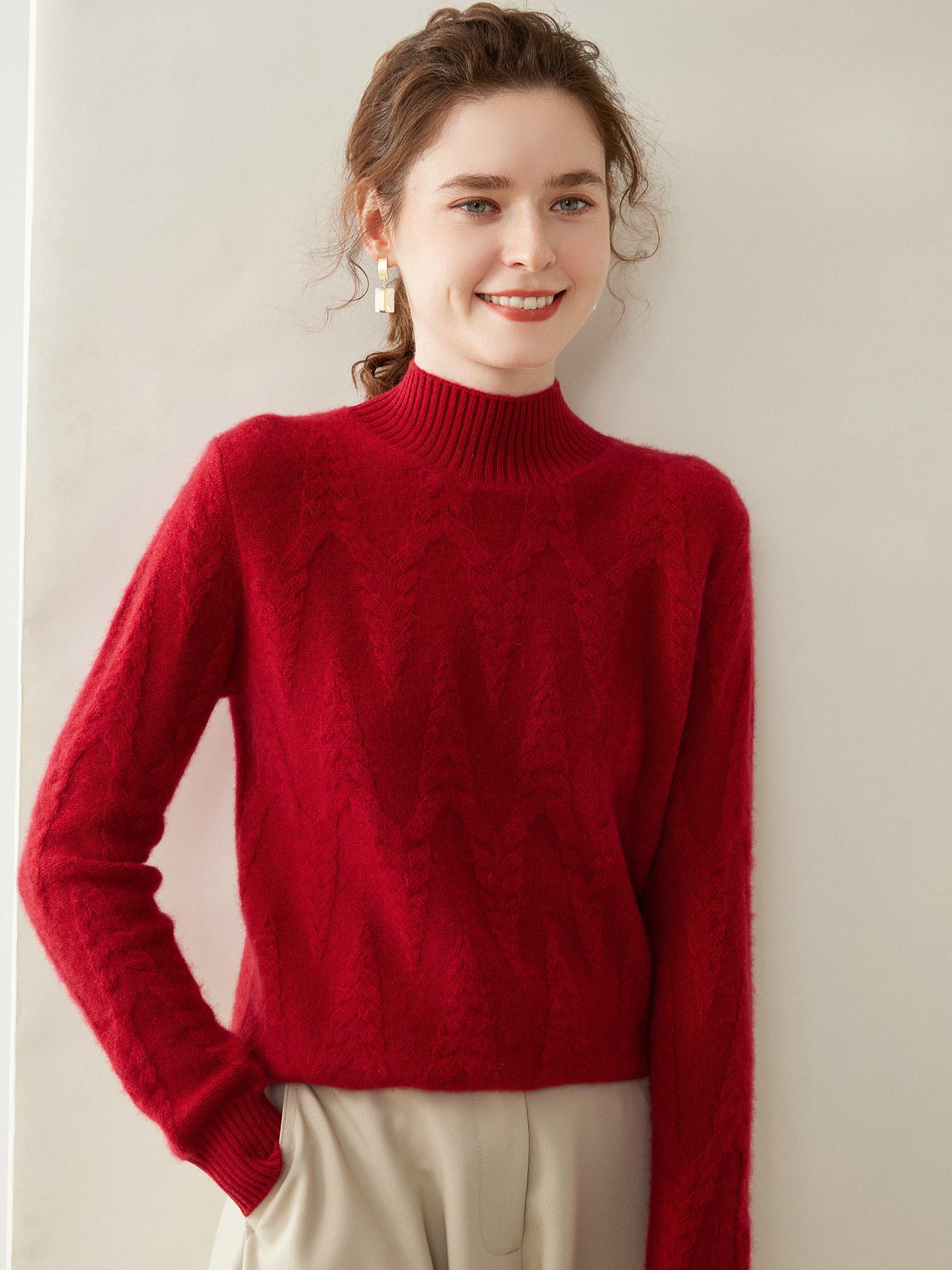 Womens Cable Knit Cashmere Sweater Mock Neck Cashmere Pullover Ribbed Trim Beige XS