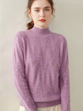 Womens Cable Knit Cashmere Sweater Mock Neck Cashmere Pullover Ribbed Trim Purple XS