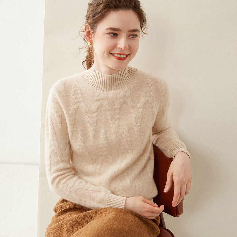Womens Cable Knit Cashmere Sweater Mock Neck Cashmere Pullover Ribbed Trim Beige XS