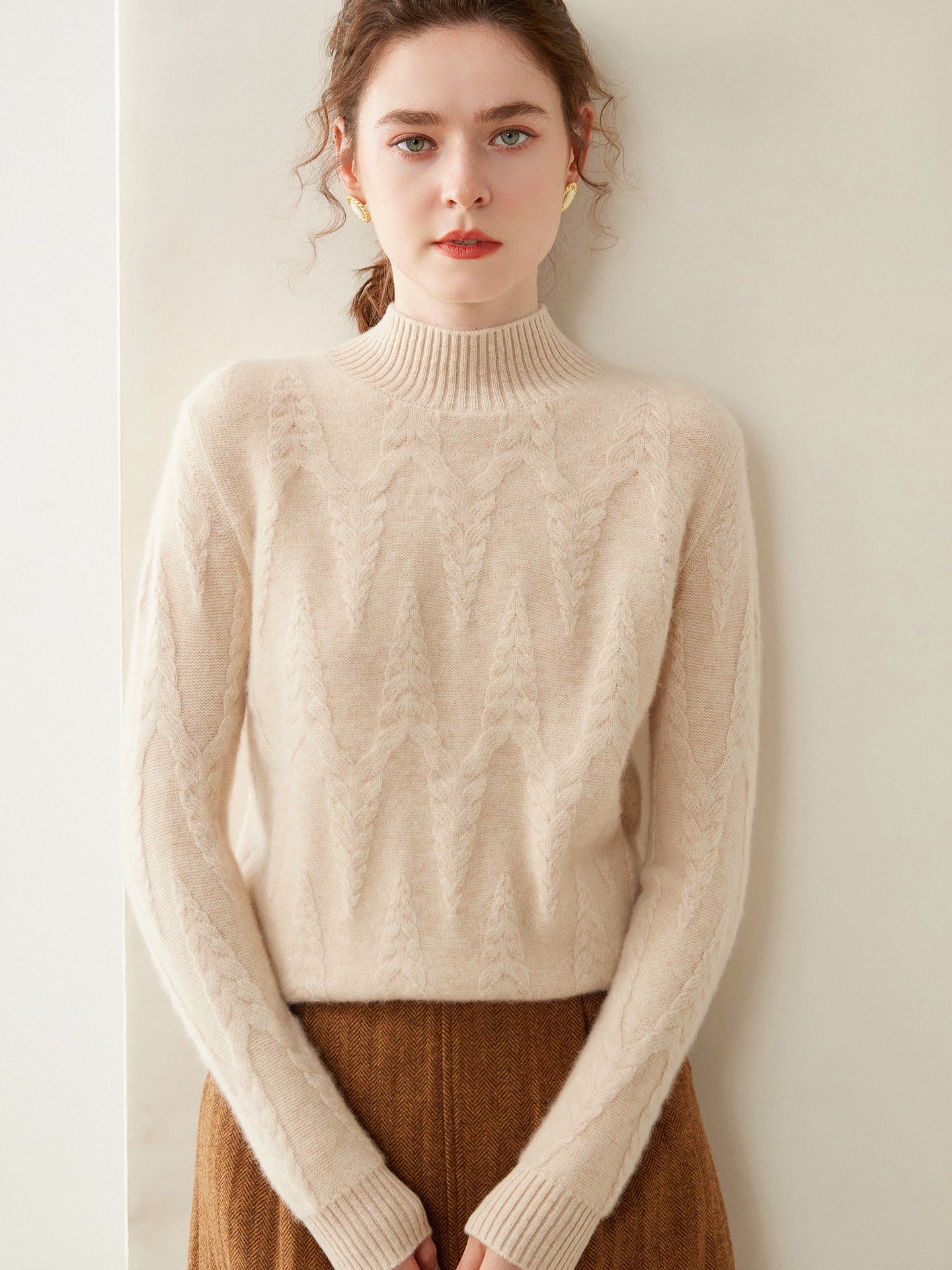 Womens Cable Knit Cashmere Sweater Mock Neck Cashmere Pullover Ribbed Trim Beige XS