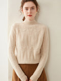 Womens Cable Knit Cashmere Sweater Mock Neck Cashmere Pullover Ribbed Trim Beige XS