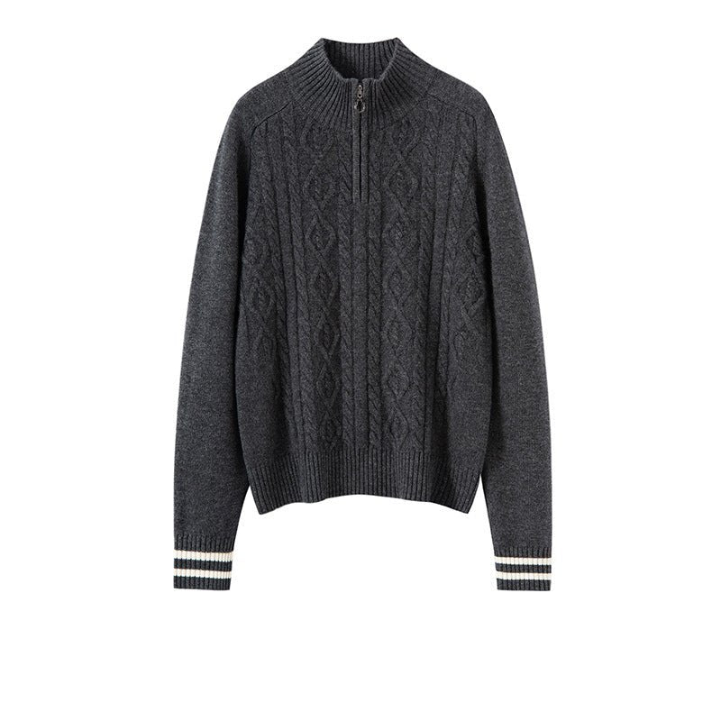Womens Cable Knit Quarter-Zip Pure Cashmere Sweater Contrast Striped Cashmere Pullover Gray XS