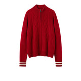 Womens Cable Knit Quarter-Zip Pure Cashmere Sweater Contrast Striped Cashmere Pullover Claret XS