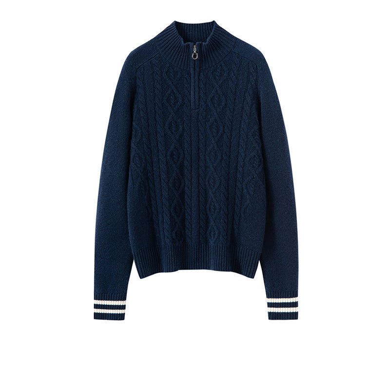 Womens Cable Knit Quarter-Zip Pure Cashmere Sweater Contrast Striped Cashmere Pullover Navy Blue XS