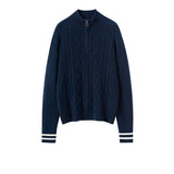 Womens Cable Knit Quarter-Zip Pure Cashmere Sweater Contrast Striped Cashmere Pullover Navy Blue XS