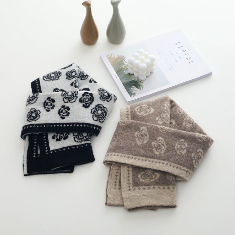 Womens Camellia Pattern Long Cashmere Scarf Cashmere Knit Wrap