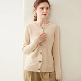 Womens Cashmere Cardigan Crew Neck Ribbed Neckline Cashmere Knit Sweater Beige XS