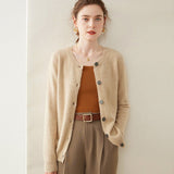Womens Cashmere Cardigan Crew Neck Ribbed Neckline Cashmere Knit Sweater Camel XS