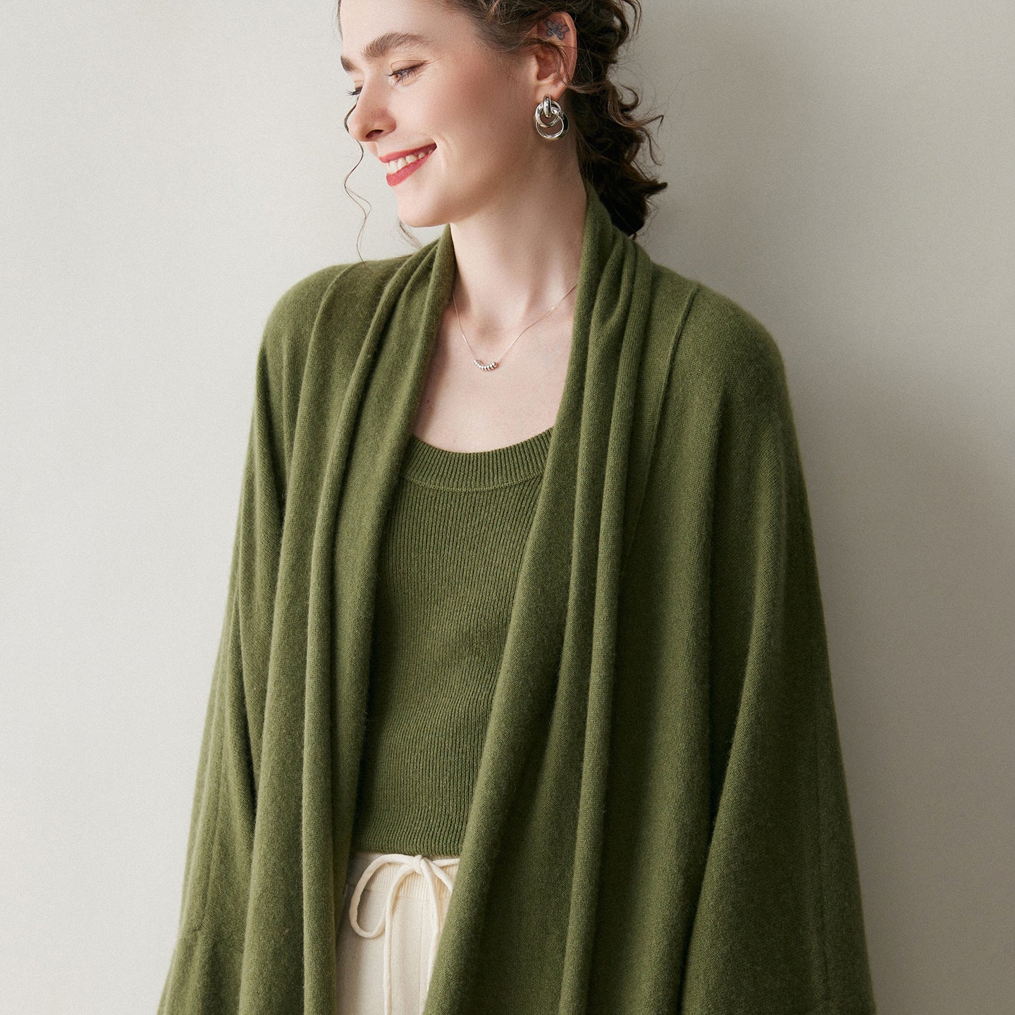 Womens Cashmere Cardigan Open Front Draped Long Sleeve Cashmere Knit Sweater Green One size fits most