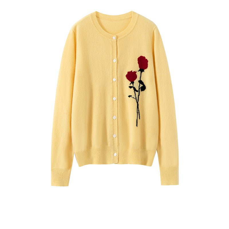 Womens Cashmere Cardigan Rose Embroidered Button Front Cashmere Knit Sweater Yellow XS