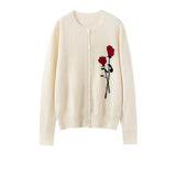 Womens Cashmere Cardigan Rose Embroidered Button Front Cashmere Knit Sweater Ivory XS