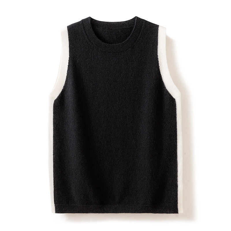 Womens Classic Sleeveless Crew Neck Knit Cashmere Vest Ribbed Hem Black XS