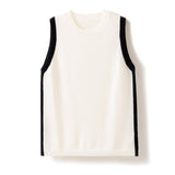Womens Classic Sleeveless Crew Neck Knit Cashmere Vest Ribbed Hem Ivory XS