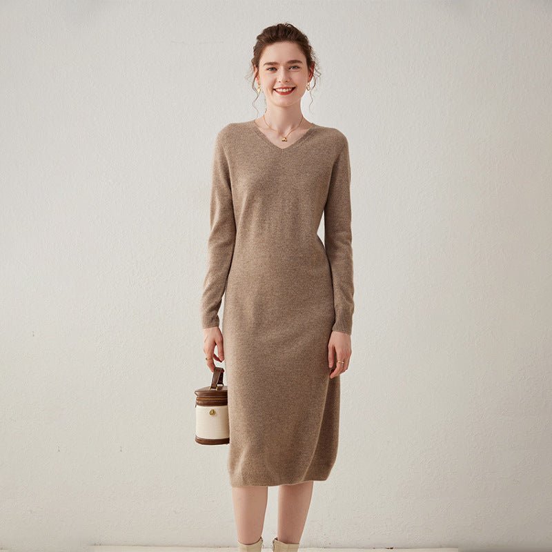 Womens Cashmere Knit Midi Dress Long Sleeve V Neck Cashmere Dress