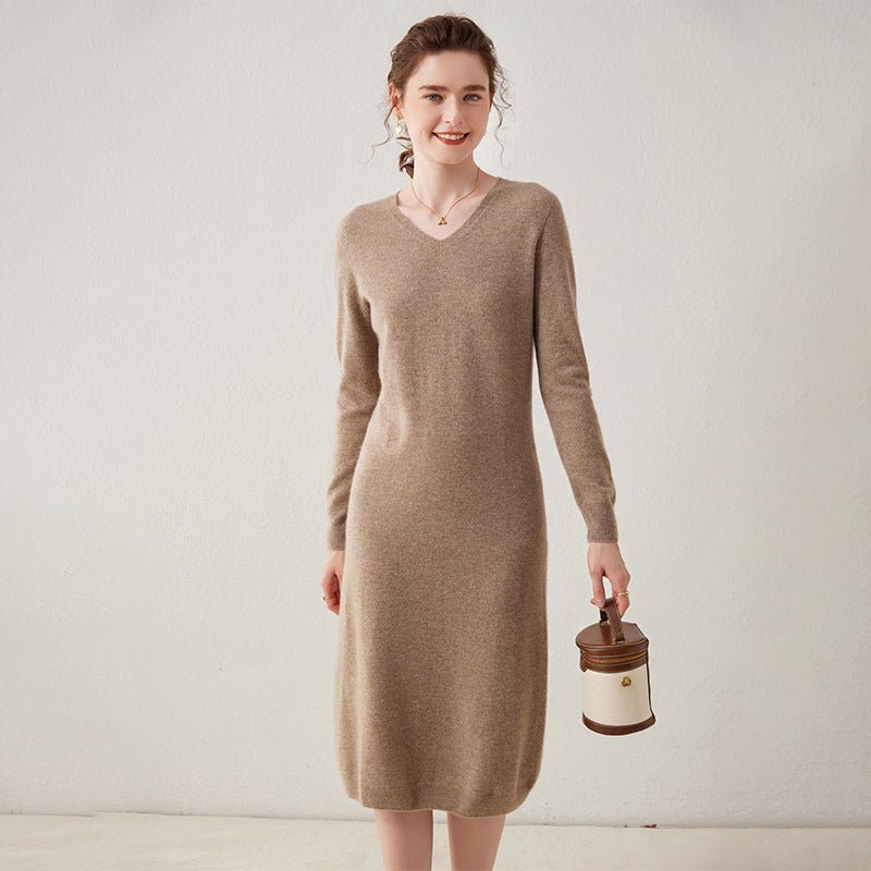 Womens Cashmere Knit Midi Dress Long Sleeve V Neck Cashmere Dress
