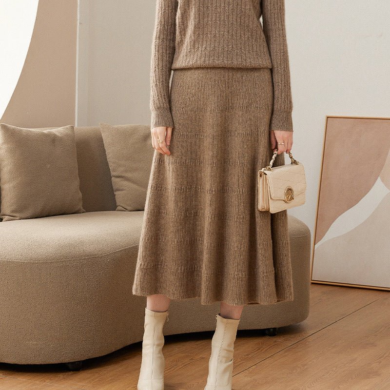 Womens Cashmere Knit Midi Skirt A-Line Pleated Cashmere Sweater Skirt Taupe XS